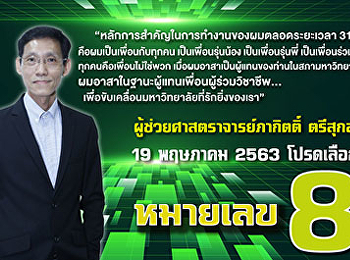 Publicize to the Suan Sunandha Community
on May 19, 2020. Please invite to
support Assistant Professor Pakit
Trisukol, candidate no. 8, as a
university councilor.