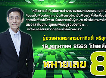 Publicize to the Suan Sunandha Community
on May 19, 2020. Please invite to
support Assistant Professor Pakit
Trisukol, candidate no. 8, as a
university councilor.
