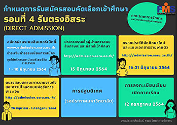 คณะวิทยาการจัดการ​
มหาวิทยาลัยราชภัฏสวนสุนันทา​
เปิดรับสมัครนักศึกษาใหม่​
ระดับปริญญาตรี​ ภาคปกติ​  รอบที่ 4
รับตรงอิสระ
