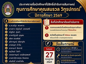 Announcement of the list of students
eligible for interview for the Khun
Somruan Witthaporn Scholarship Academic
Year 2026